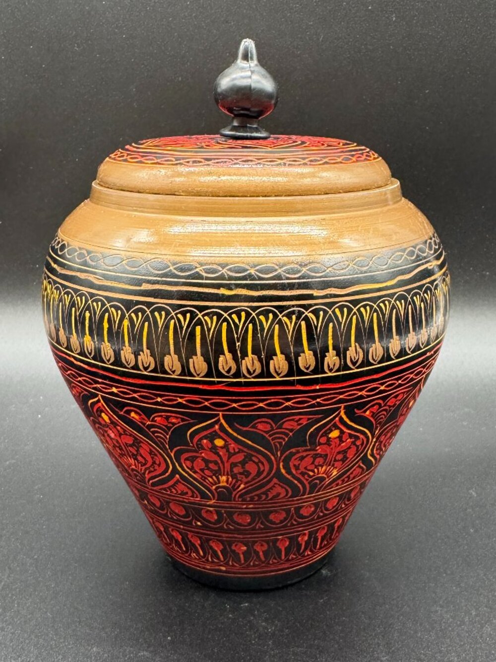 Traditional Hand Painted Wooden Jar Lacquerware matching Lid *READ*